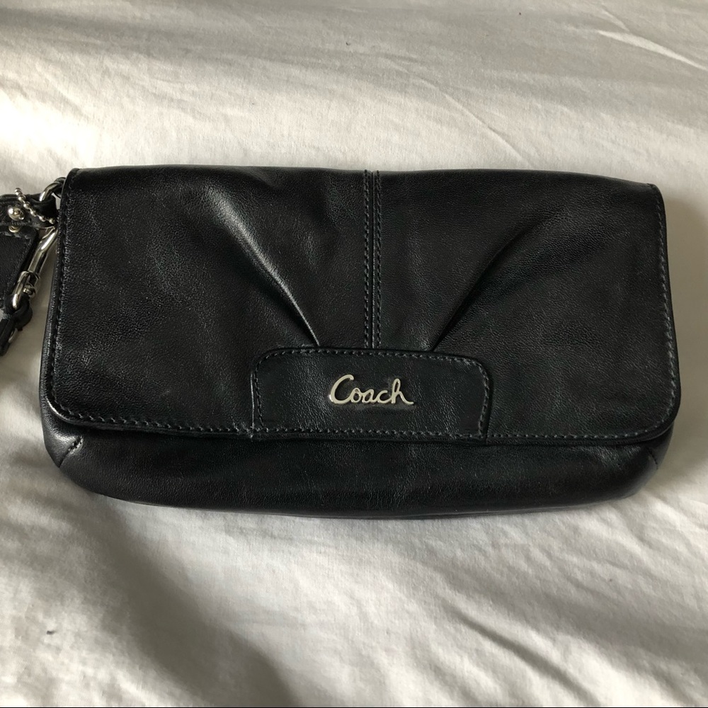 Coach black leather wristlet with flap